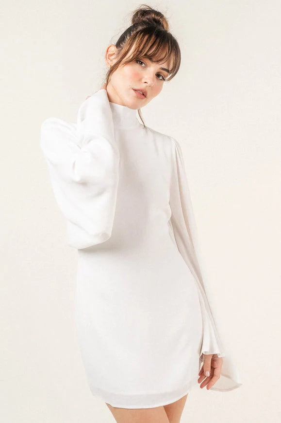 Chic Mock Neck Dramatic Flared Sleeve Mini DRESS