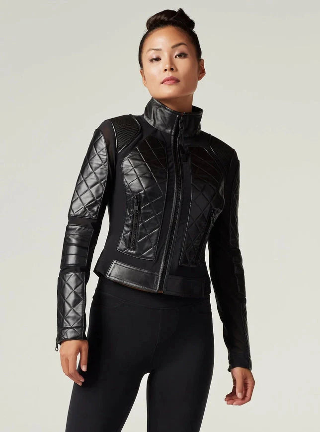 Classic Black Quilted Genuine Leather Mesh Moto Jacket