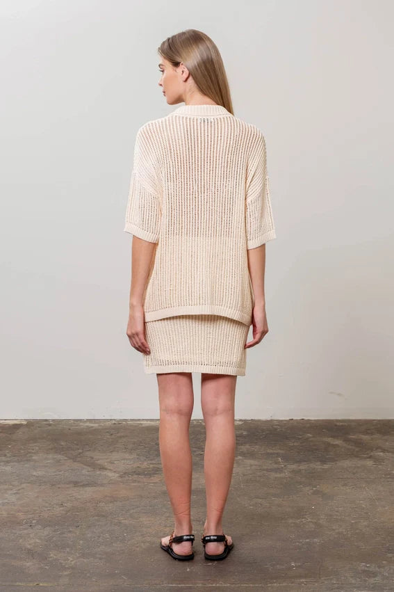 Collared Sheer Crochet Knit Short Sleeve Cardigan