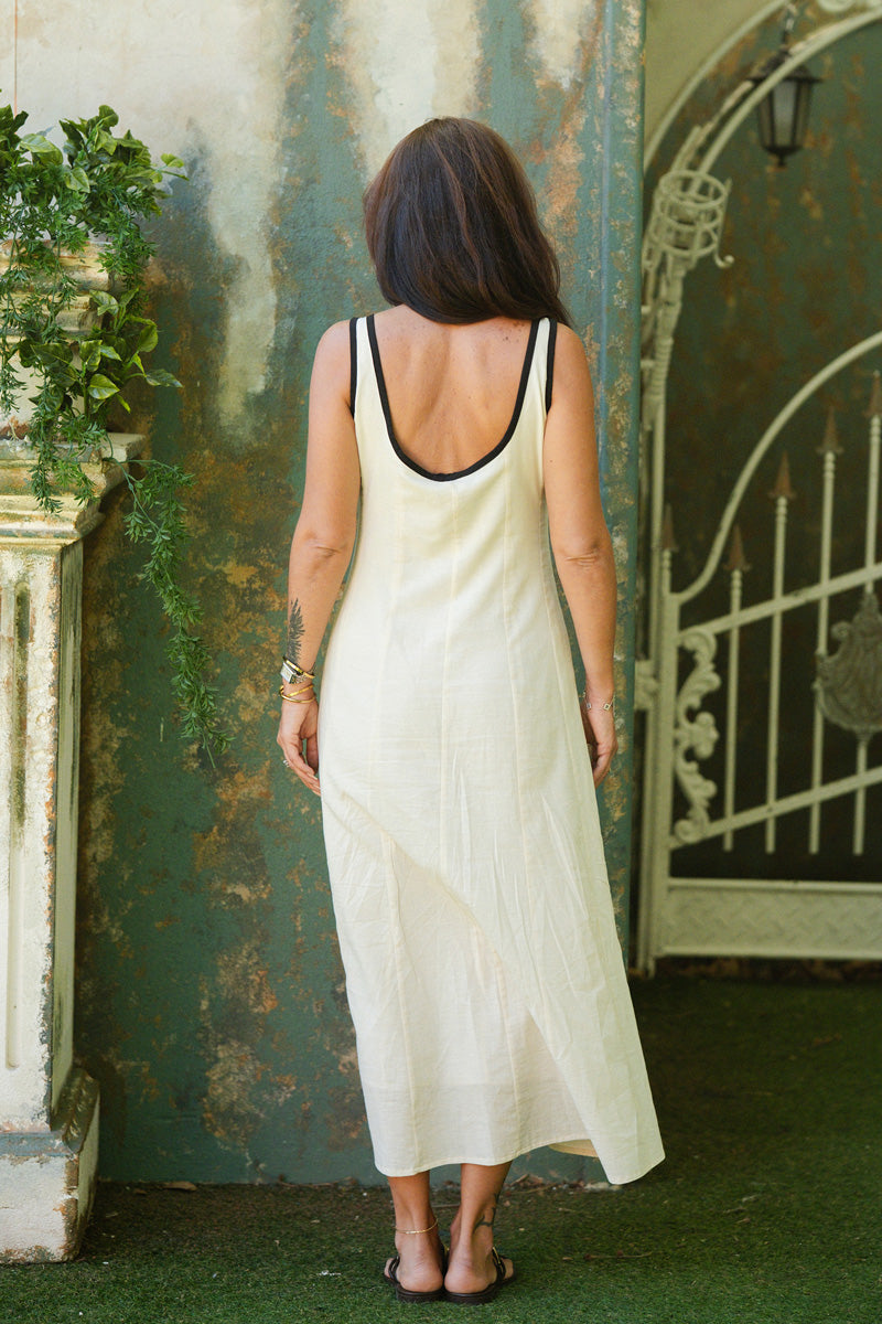 Contrast Trim Fit & Flare Linen Midi Dress