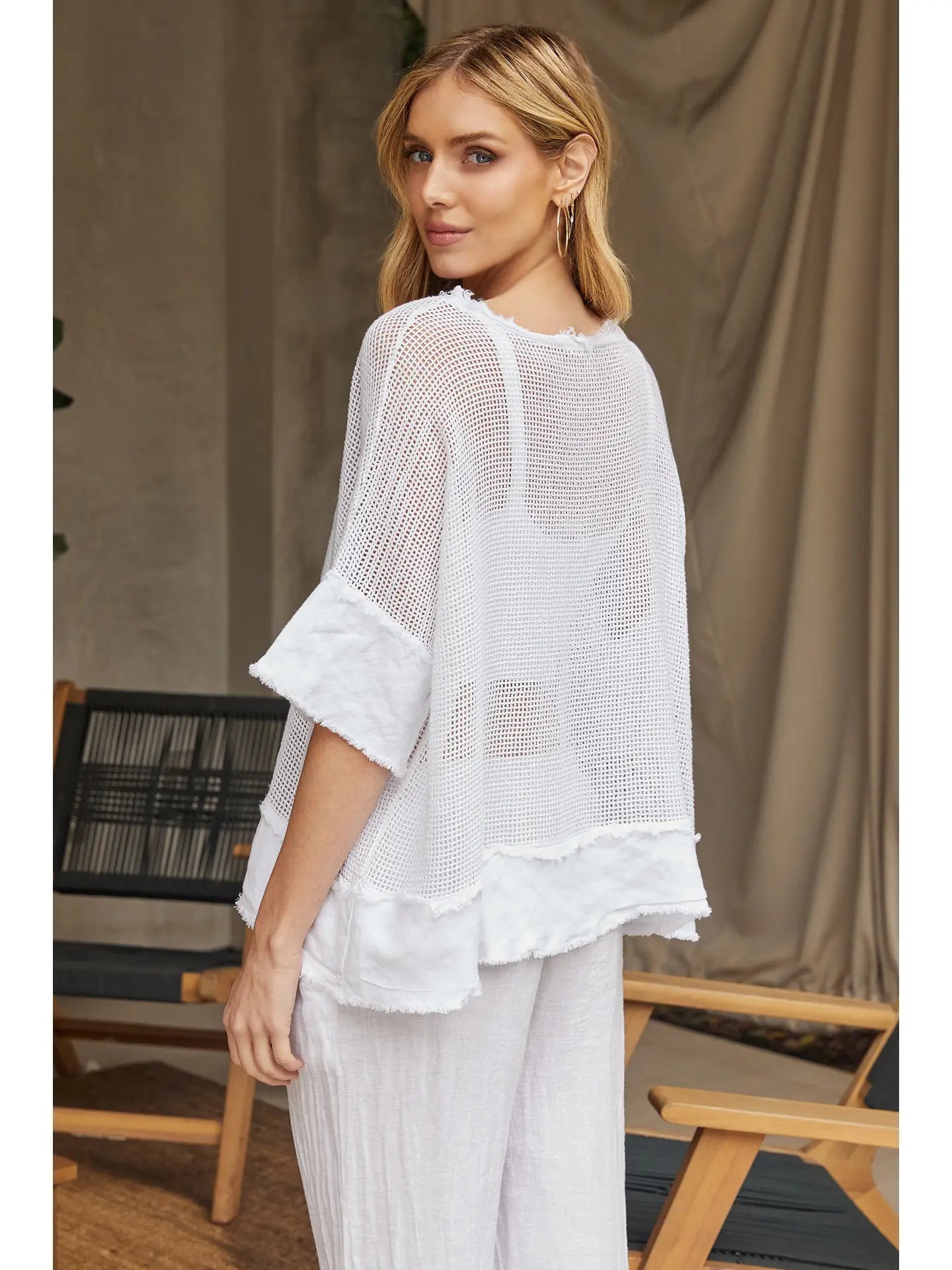 Cotton Mesh Grid Short Sleeve Top - White