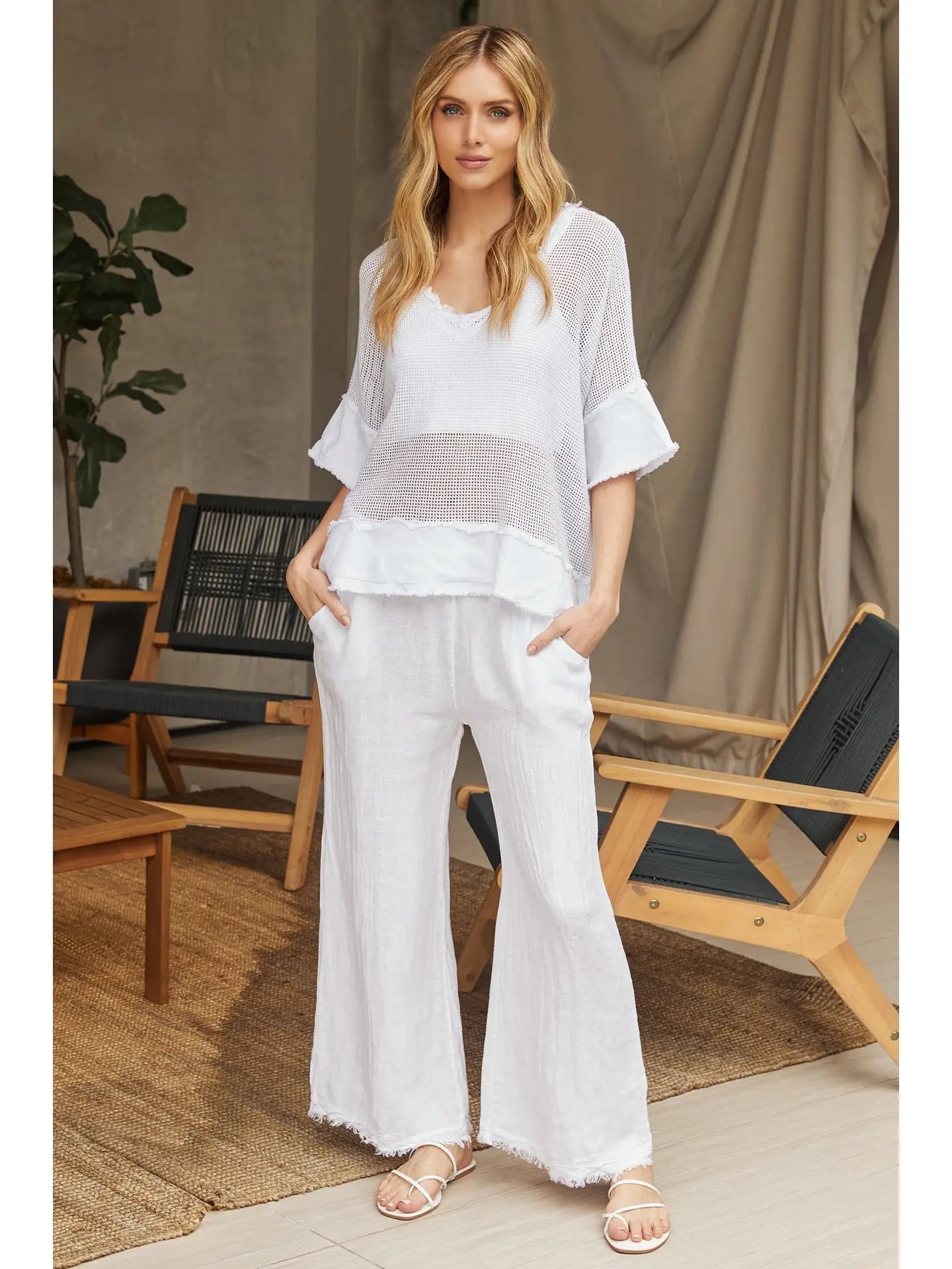 Cotton Mesh Grid Short Sleeve Top - White