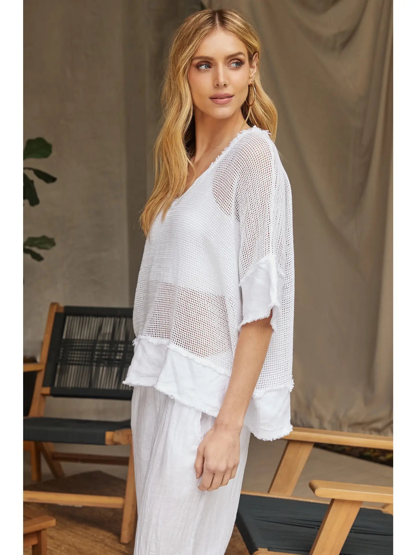 Cotton Mesh Grid Short Sleeve Top - White