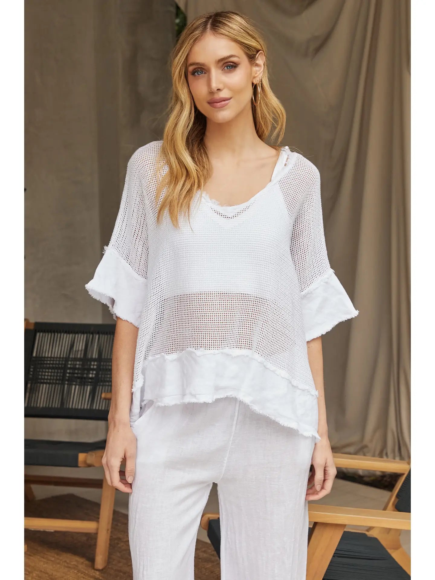 Cotton Mesh Grid Short Sleeve Top - White