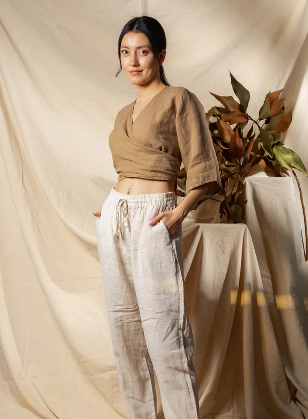 Cream Linen Wrap Crop Top