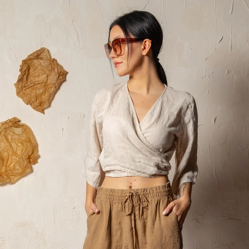 Cream Linen Wrap Crop Top