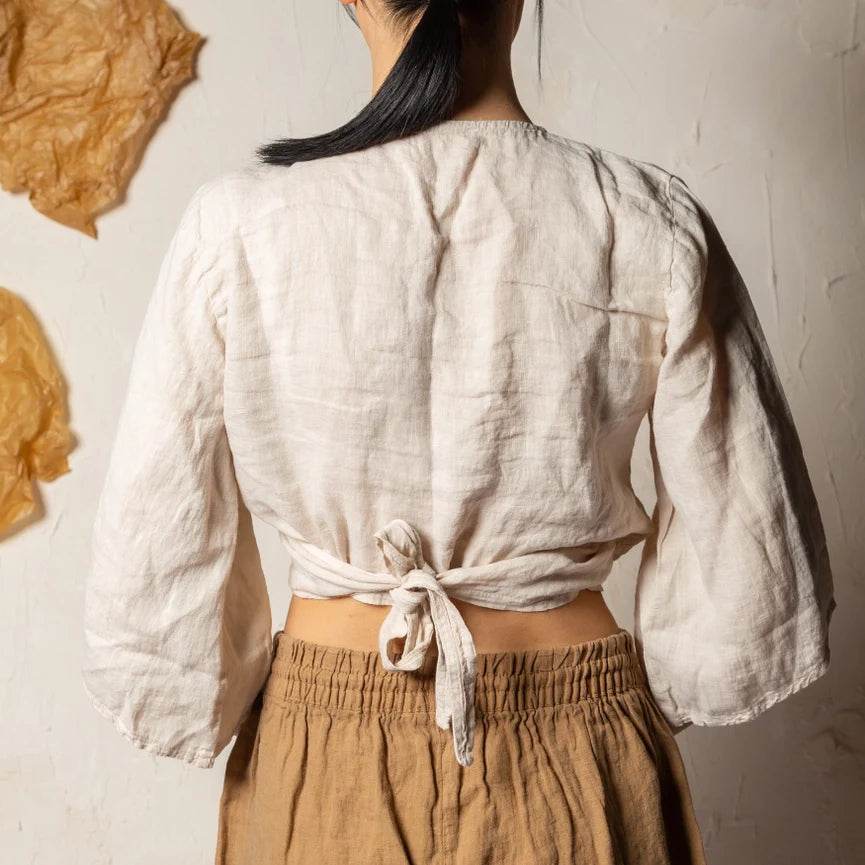 Cream Linen Wrap Crop Top