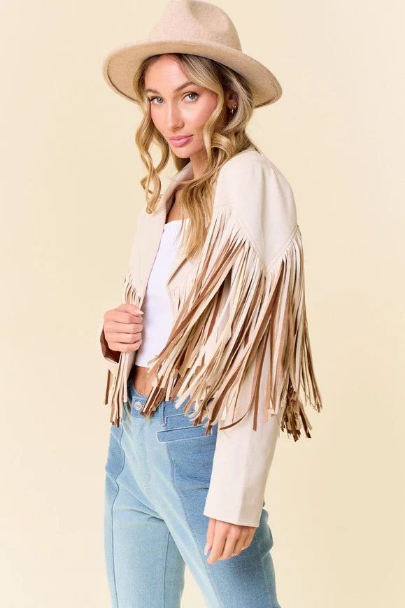 Cream Multi Color Fringe Open Front Jacket