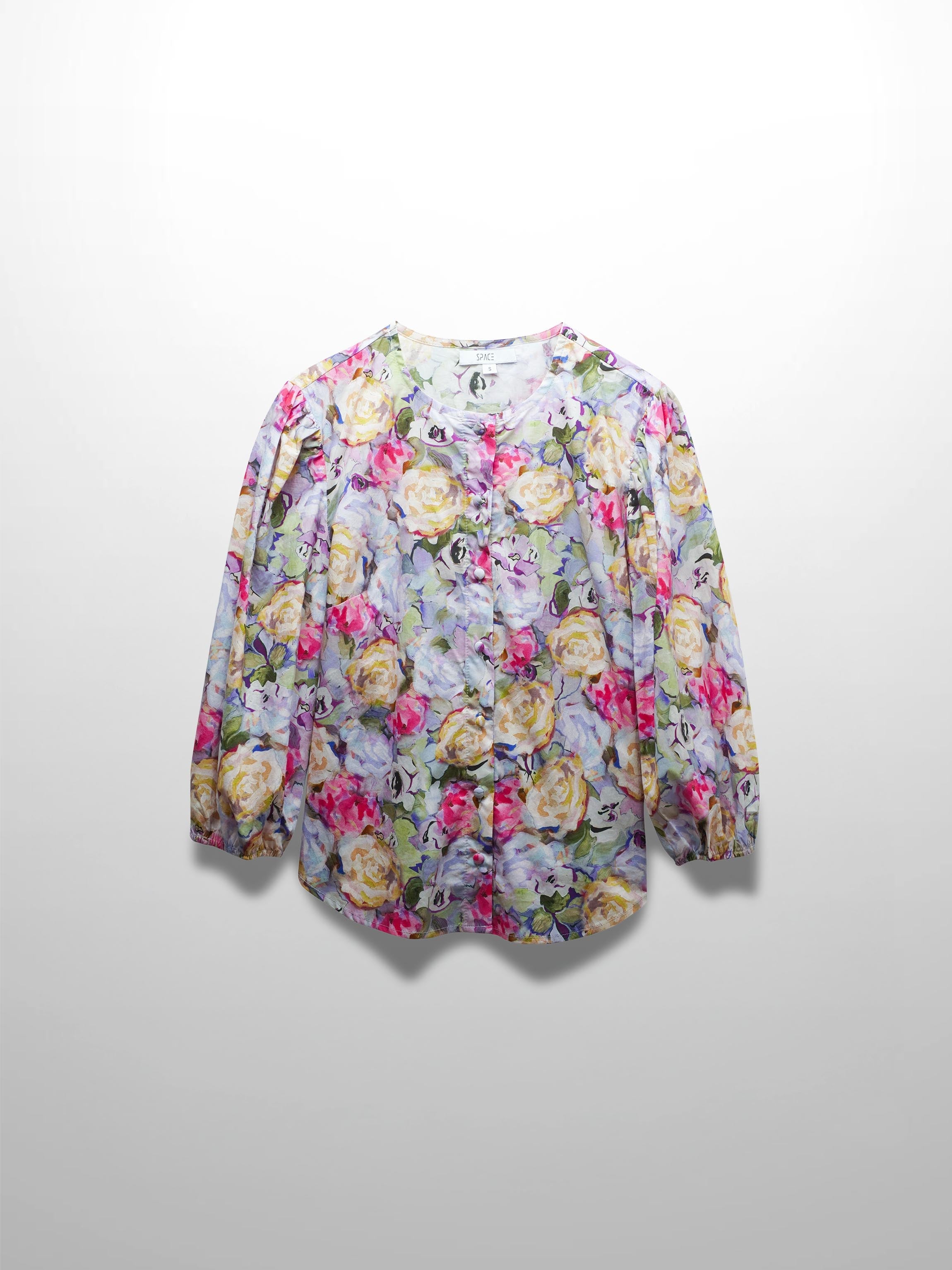 Crew Neck Button Down Blouse-Pink/Purple-2