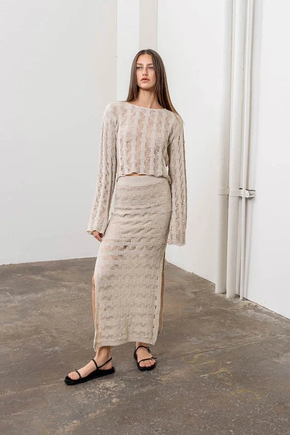 Crochet Knit Side Slit Midi Skirt