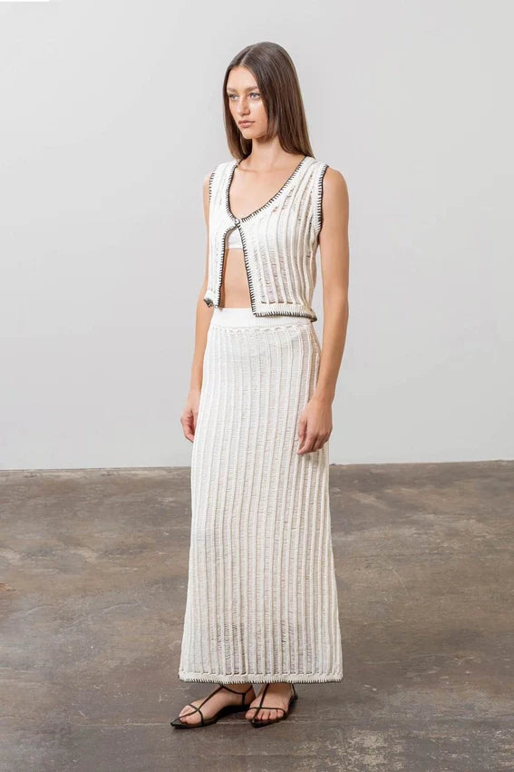 Crochet Ladder Knit Contrast Midi Skirt