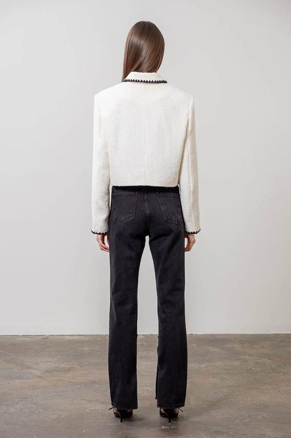 Crontrast Trim Button Down Cropped Blazer
