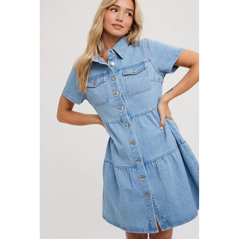 Tiered Denim Shirt Dress in Light Wash for Women