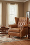 Tufted English Rolled Arm Wing Chair - Light Brown Leather