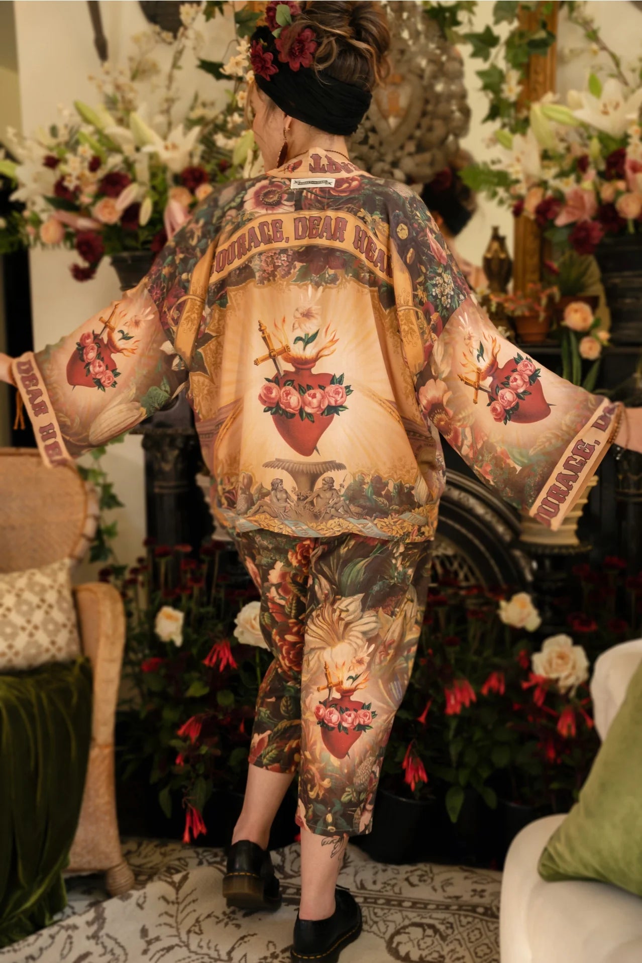 Courage Deart Heart Cropped Bamboo Kimono with Sacred Heart