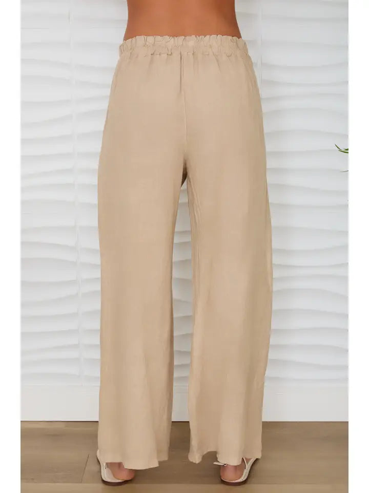Diamond Lace Waistband Wide Leg Linen Pants Earth Beige