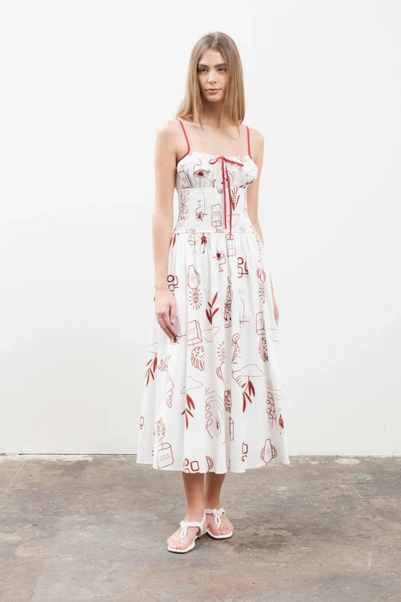 Doodle Print Smocked Detail Midi Dress