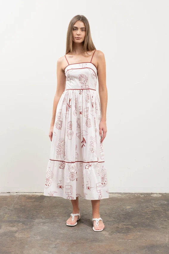 Doodle Print Spaghetti Strap Midi Dress