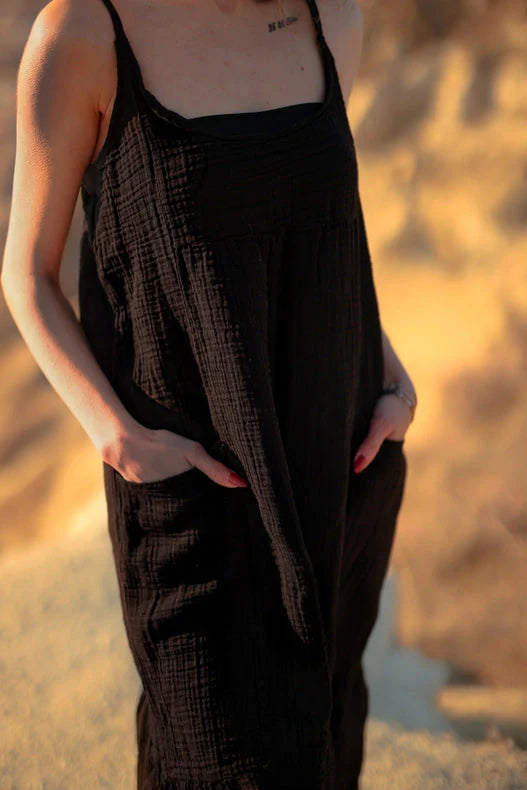 Double Gauze Black Strap Midi Dress Black