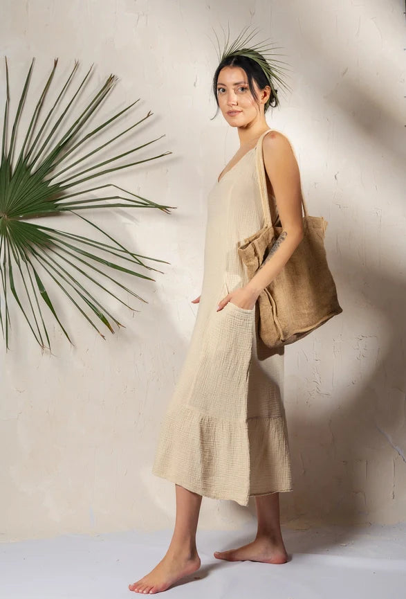 Double Gauze Muslin Cotton Strap Midi Dress Beige