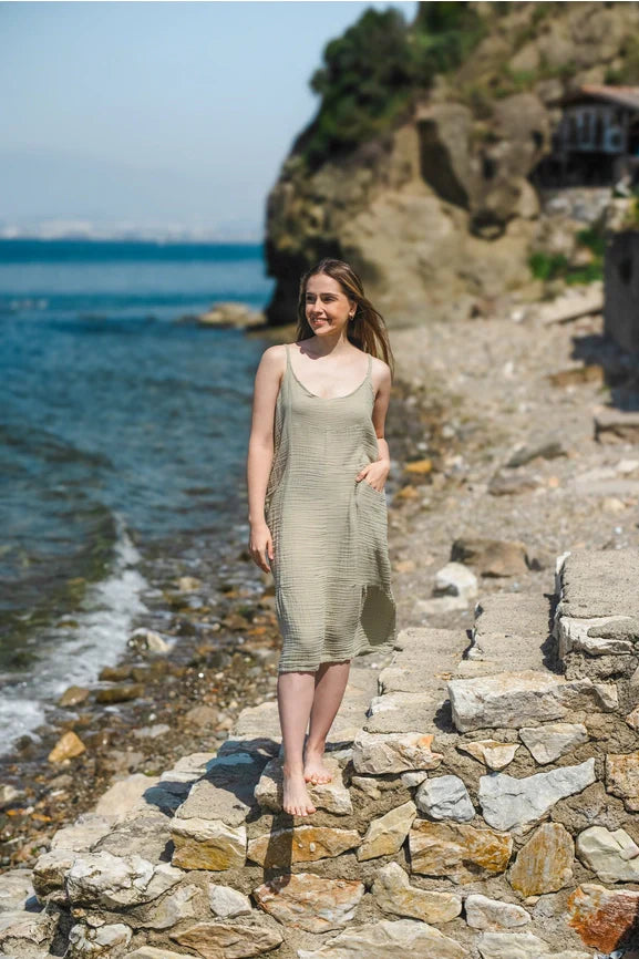 Double Gauze Muslin Cotton Strap Midi Dress Green