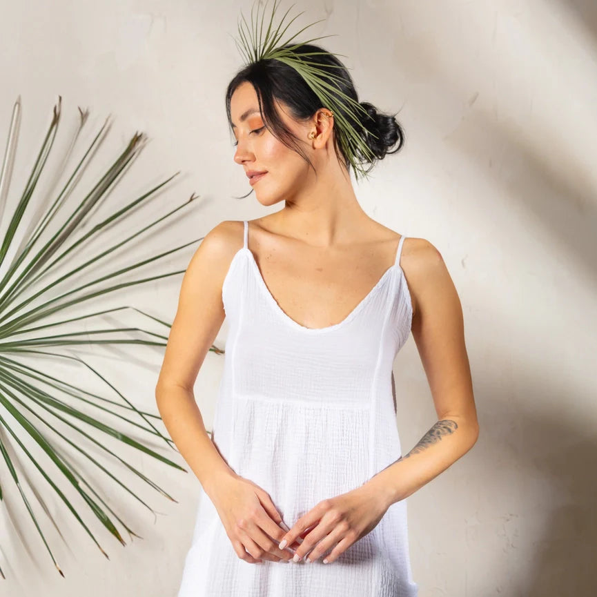 Double Gauze Muslin Cotton Strap Midi Dress White