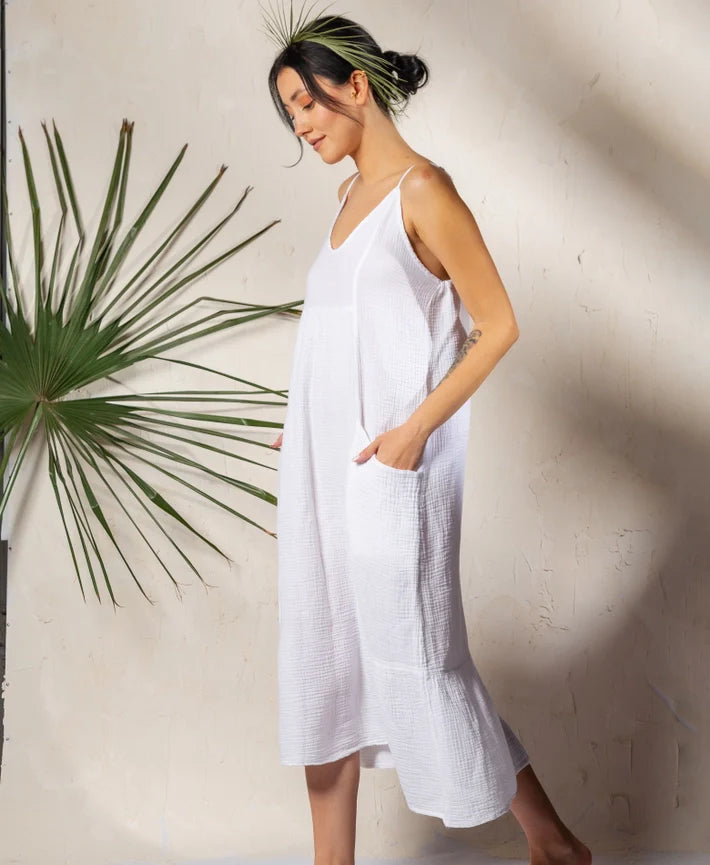 Double Gauze Muslin Cotton Strap Midi Dress White