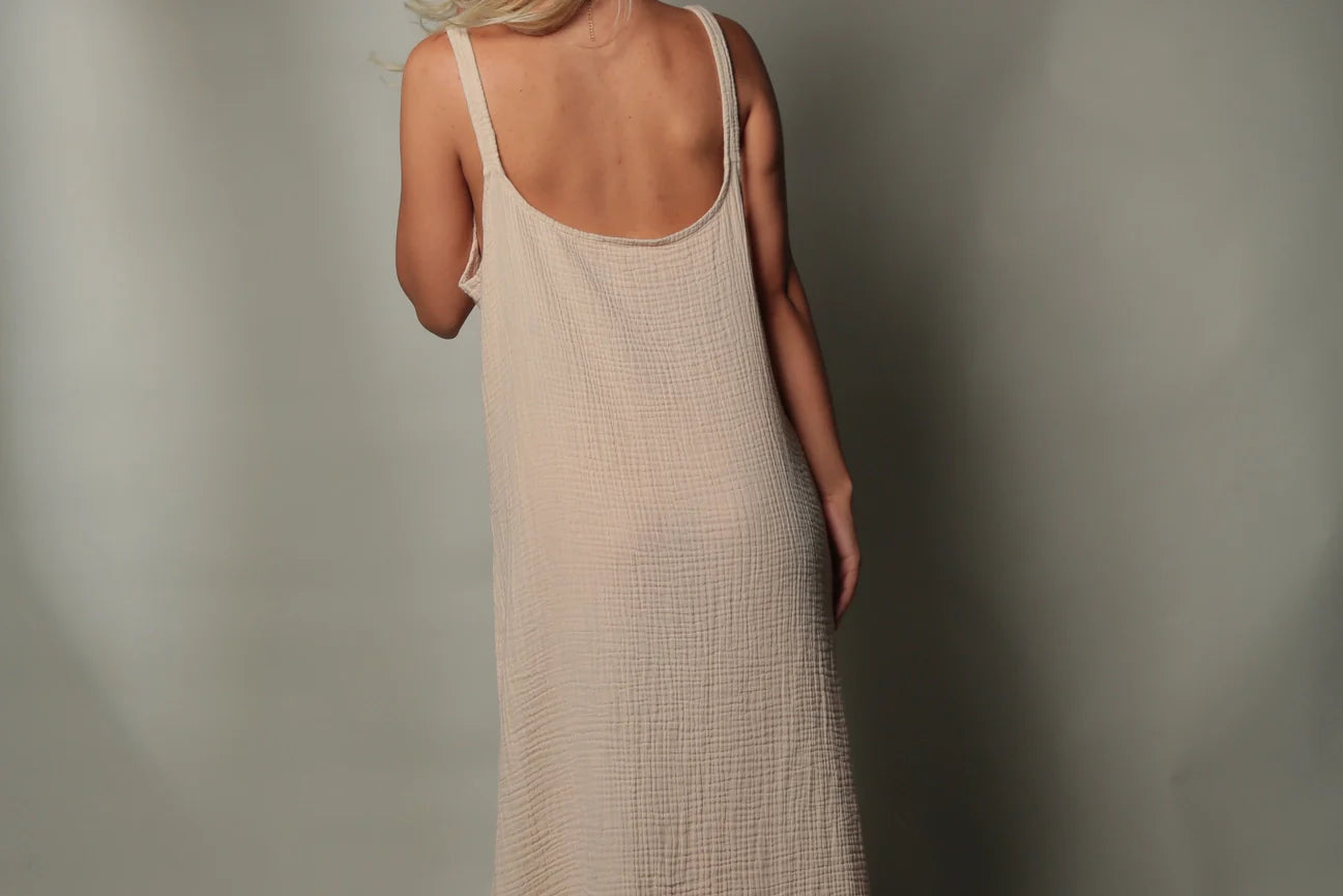 Double Gauze Scoop Neck Midi Dress Beige