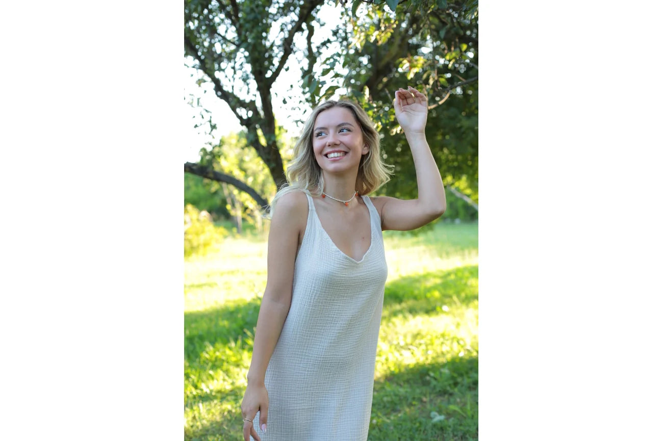 Double Gauze Scoop Neck Midi Dress Beige