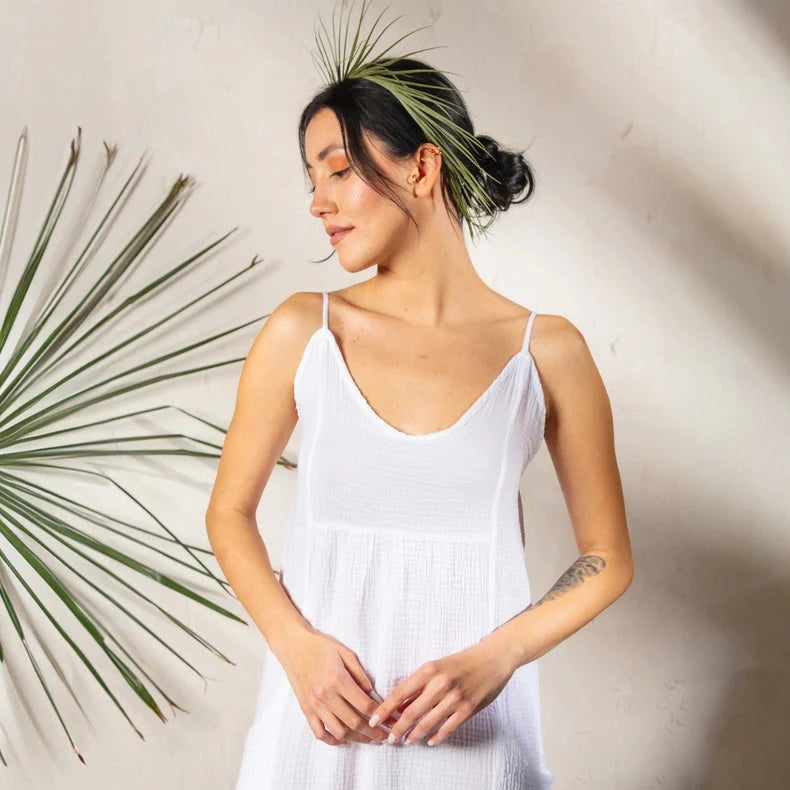 Double Gauze White Strap Midi Dress White
