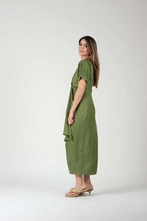 Grecian Puff Sleeve Midi Dress Grass Color