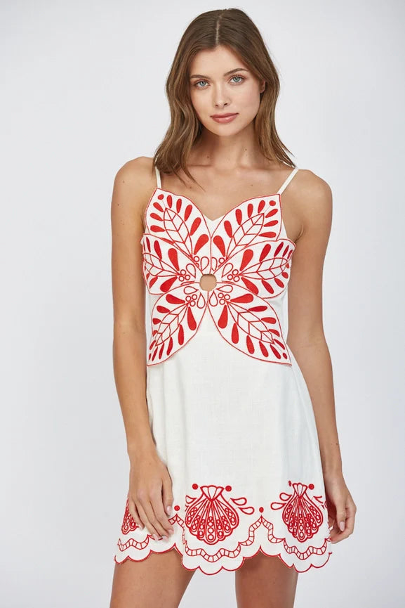 Emb Detail Linen Blend Scallop Edge Dress