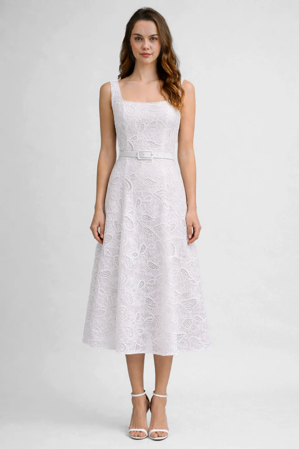 Embroidered Lace Midi Dress Belted Square Neck
