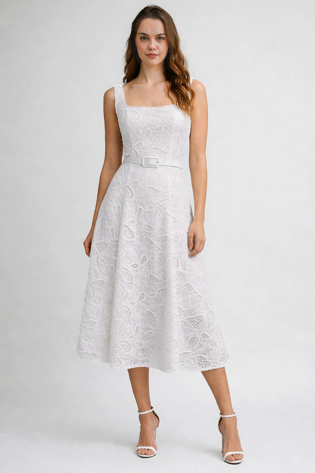 Embroidered Lace Midi Dress Belted Square Neck