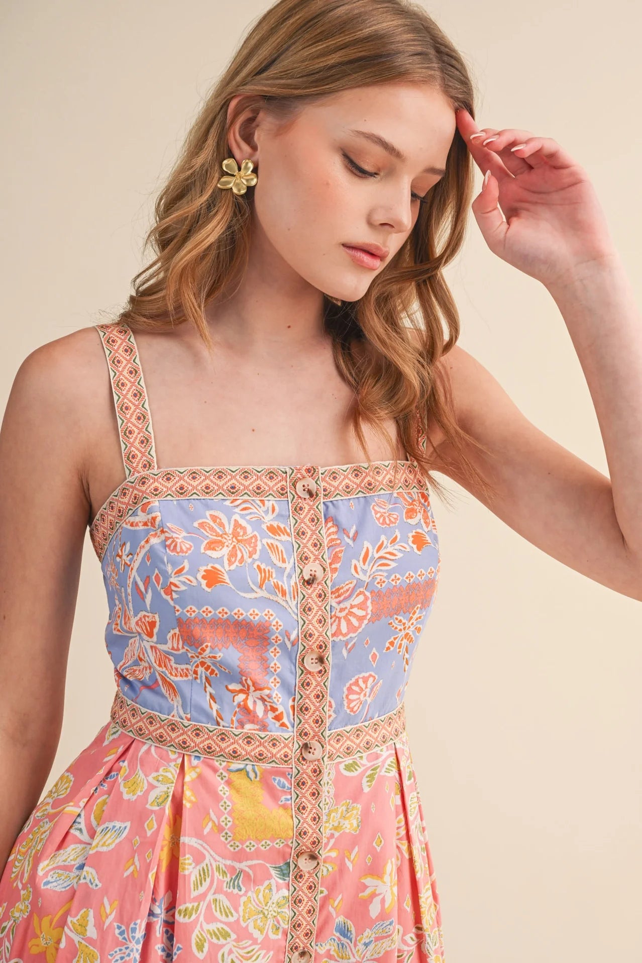 Exclusive Floral Button Down Tape Trim Midi Dress