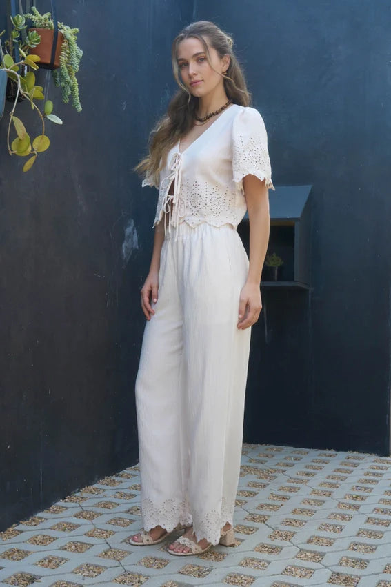 Eyelet Trim Front Tie Blouse and Wide Leg Pant Set NATURAL