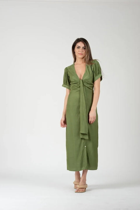 Grecian Puff Sleeve Midi Dress Grass Color