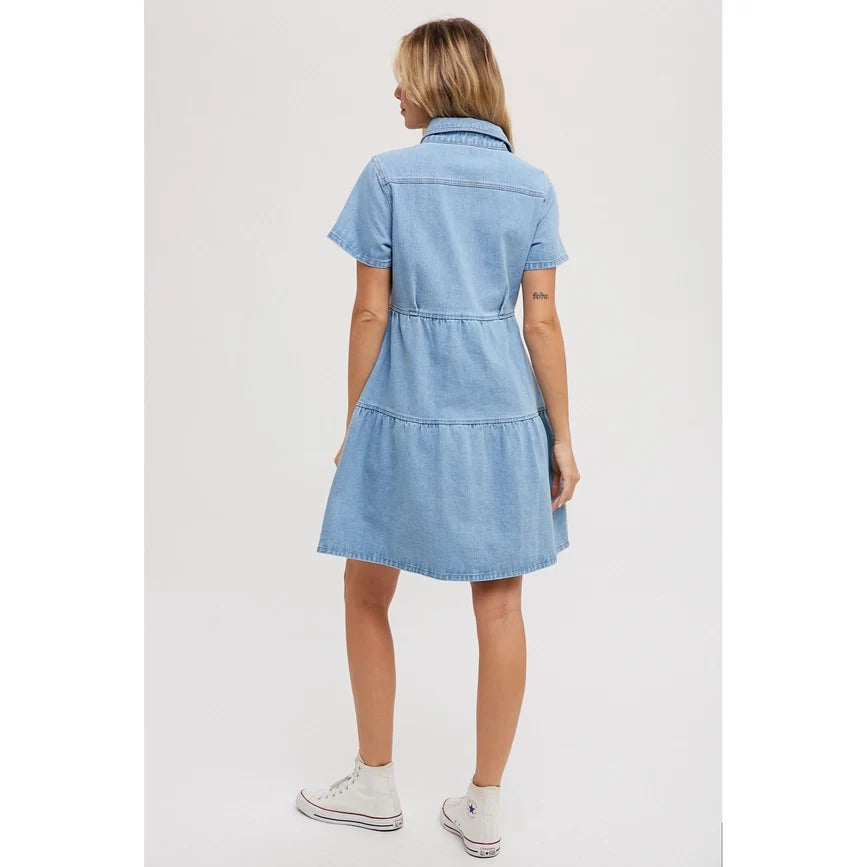 Tiered Denim Shirt Dress Lt Wash
