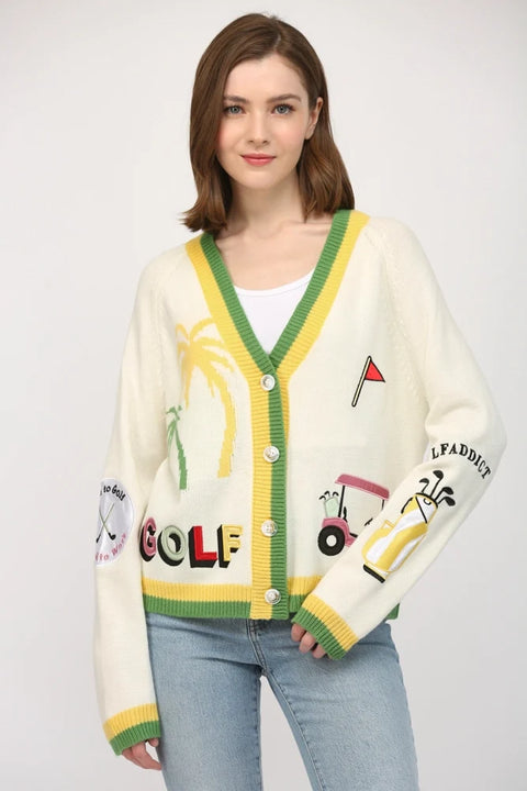 Golf Embroidered Patch Cardigan - CREAM MULTI