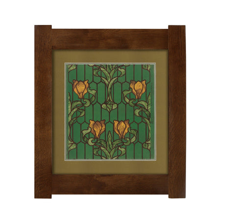 Arts & Crafts Mission Oak Framed Art with Stained Glass Blooms - Walnut finish