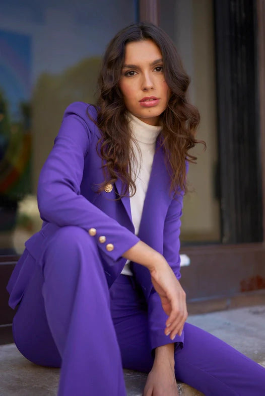 Fitted Double-Breasted Blazer with Gold Buttons - Violet