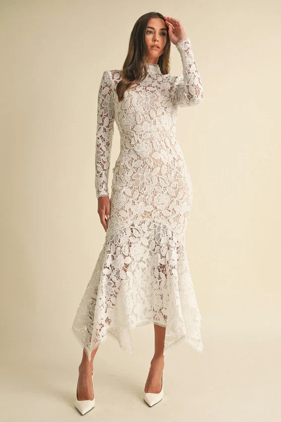 Floral Lace Midi Dress White