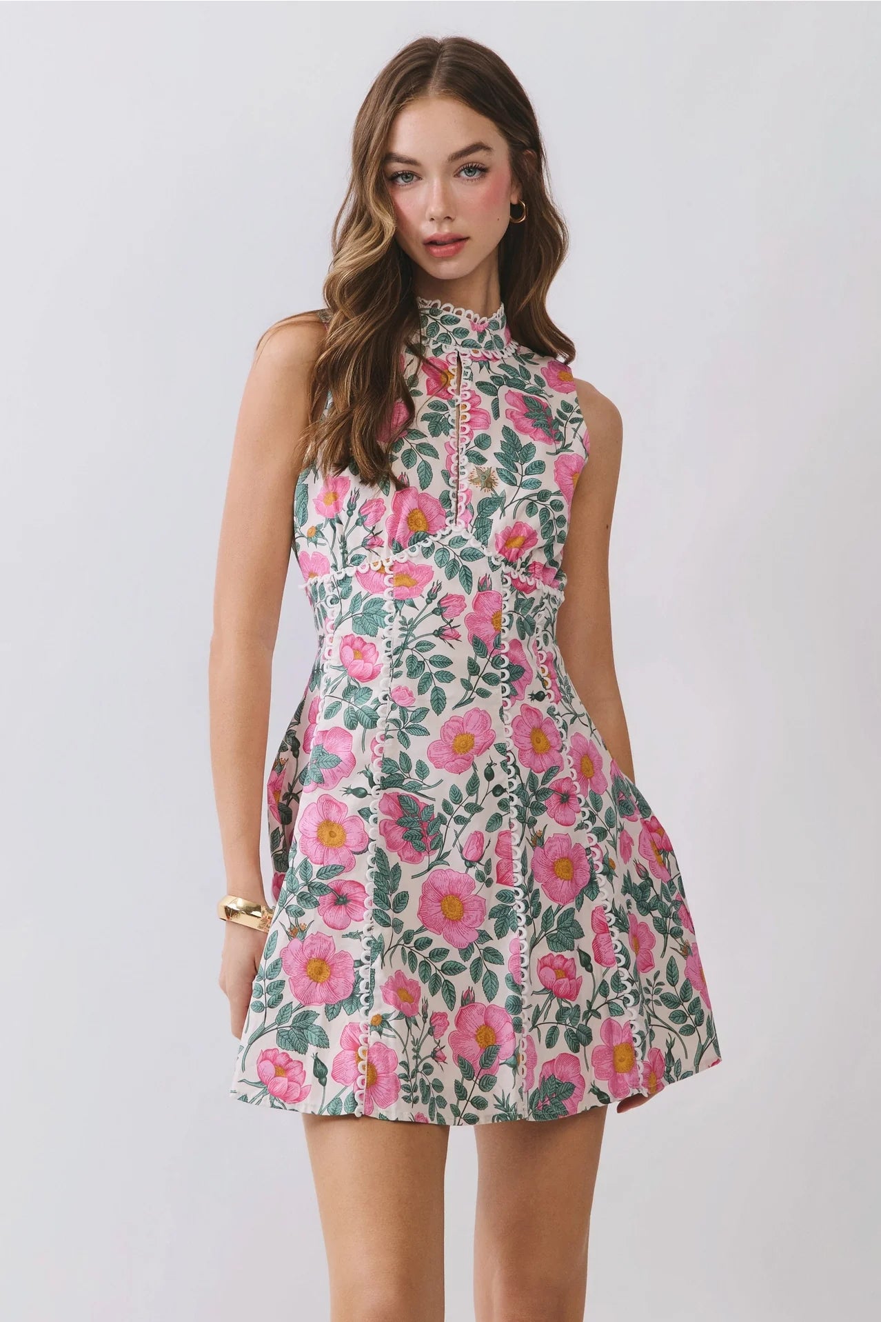 Floral Lace Trim Open Back Mini Dress