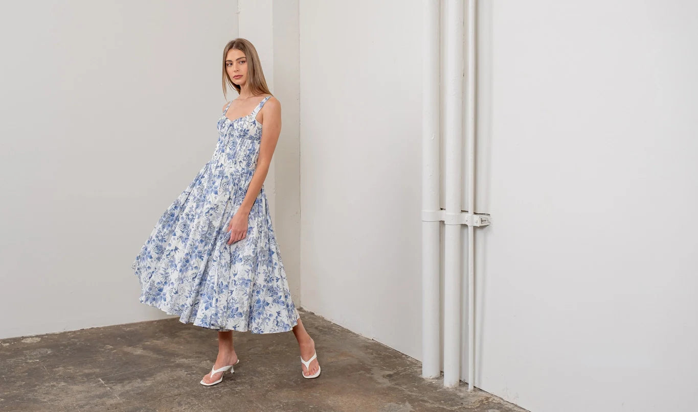 Floral Sleeveless Corset Midi Dress