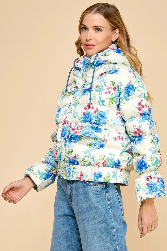 Floral Snap Button Enclosure Hooded Puffer Jacket