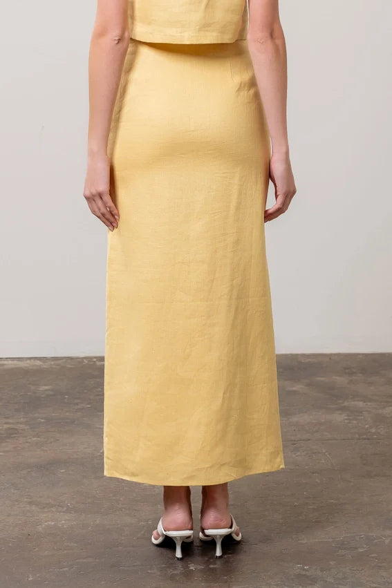 Front Button Detail Linen Midi Skirt LIGHT YELLOW