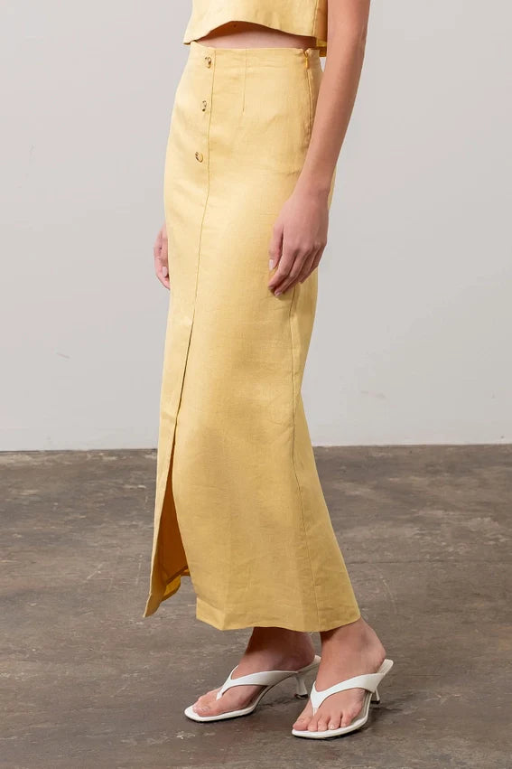 Front Button Detail Linen Midi Skirt LIGHT YELLOW