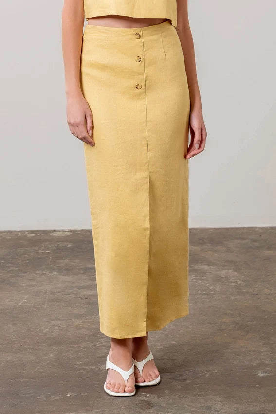 Front Button Detail Linen Midi Skirt LIGHT YELLOW