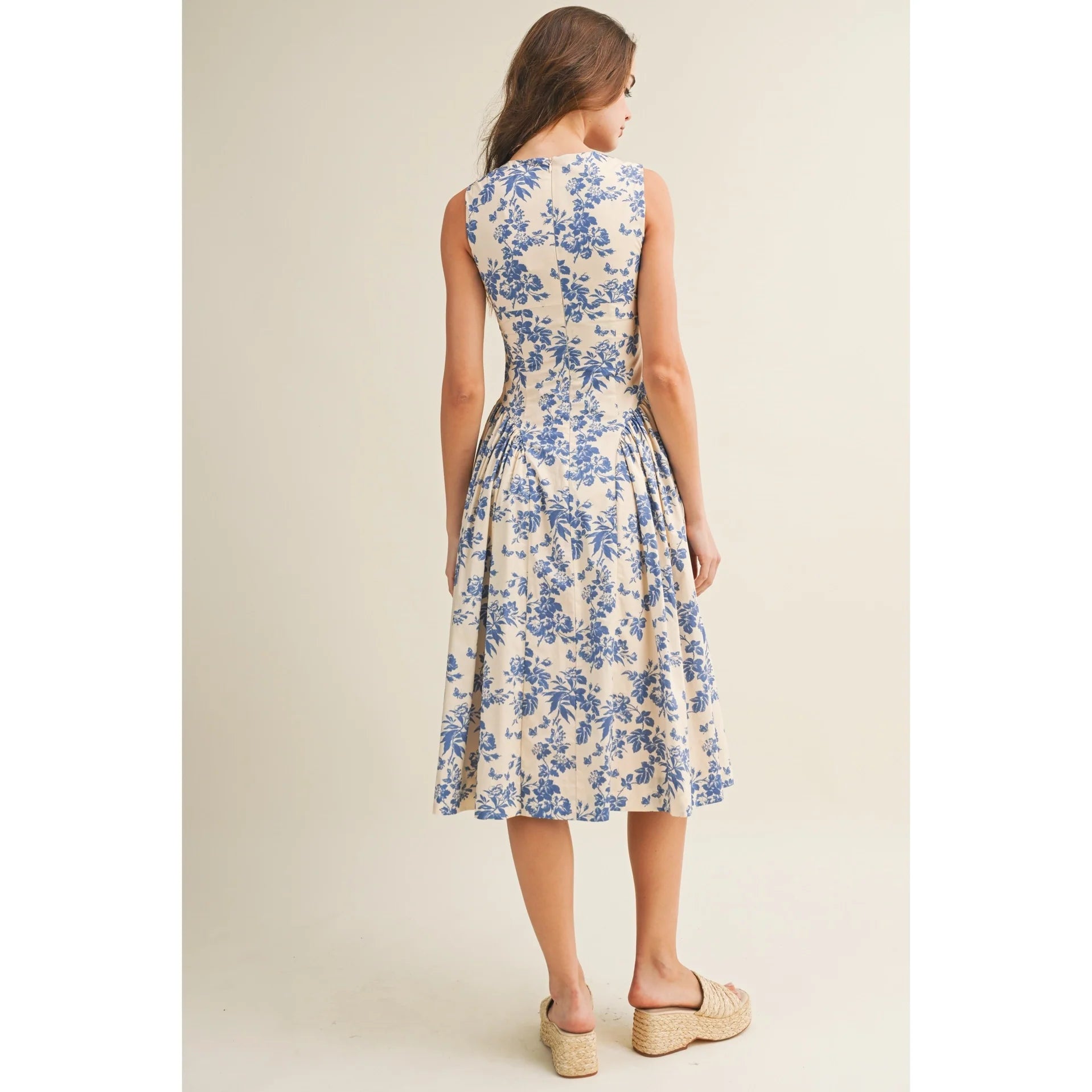 Garden Porcelain Square Neck Floral Midi Dress
