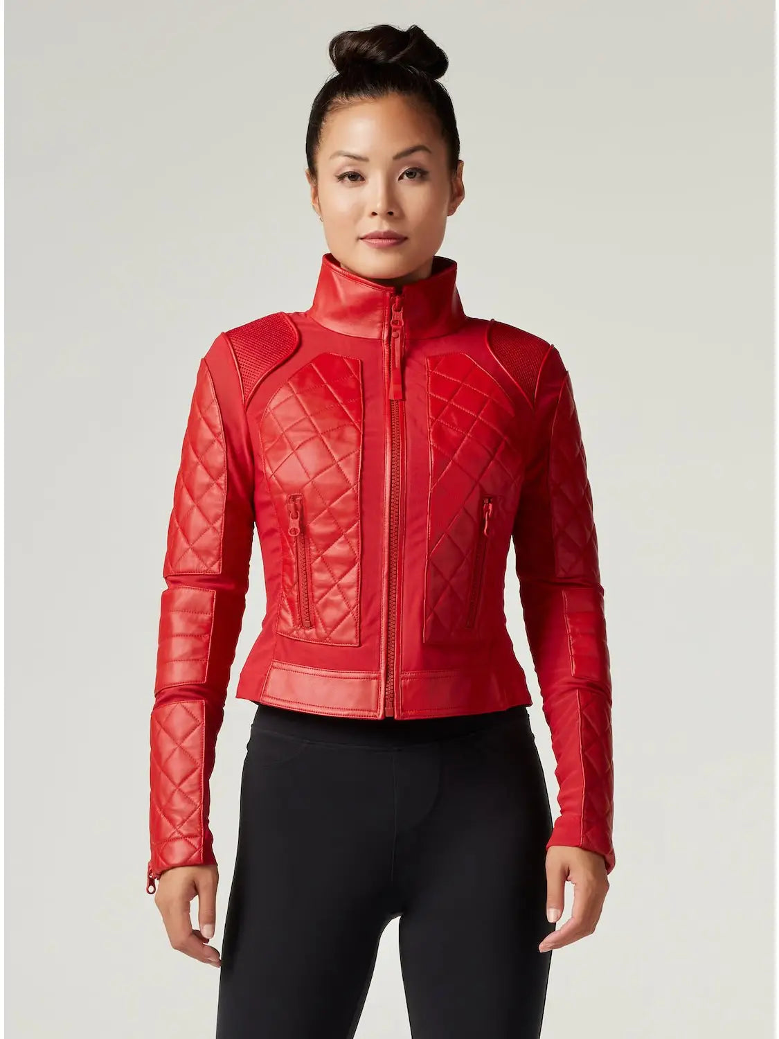 Genuine Leather Panel Classic Leather Mesh Moto Jacket - Haute Red with Lace Up Back